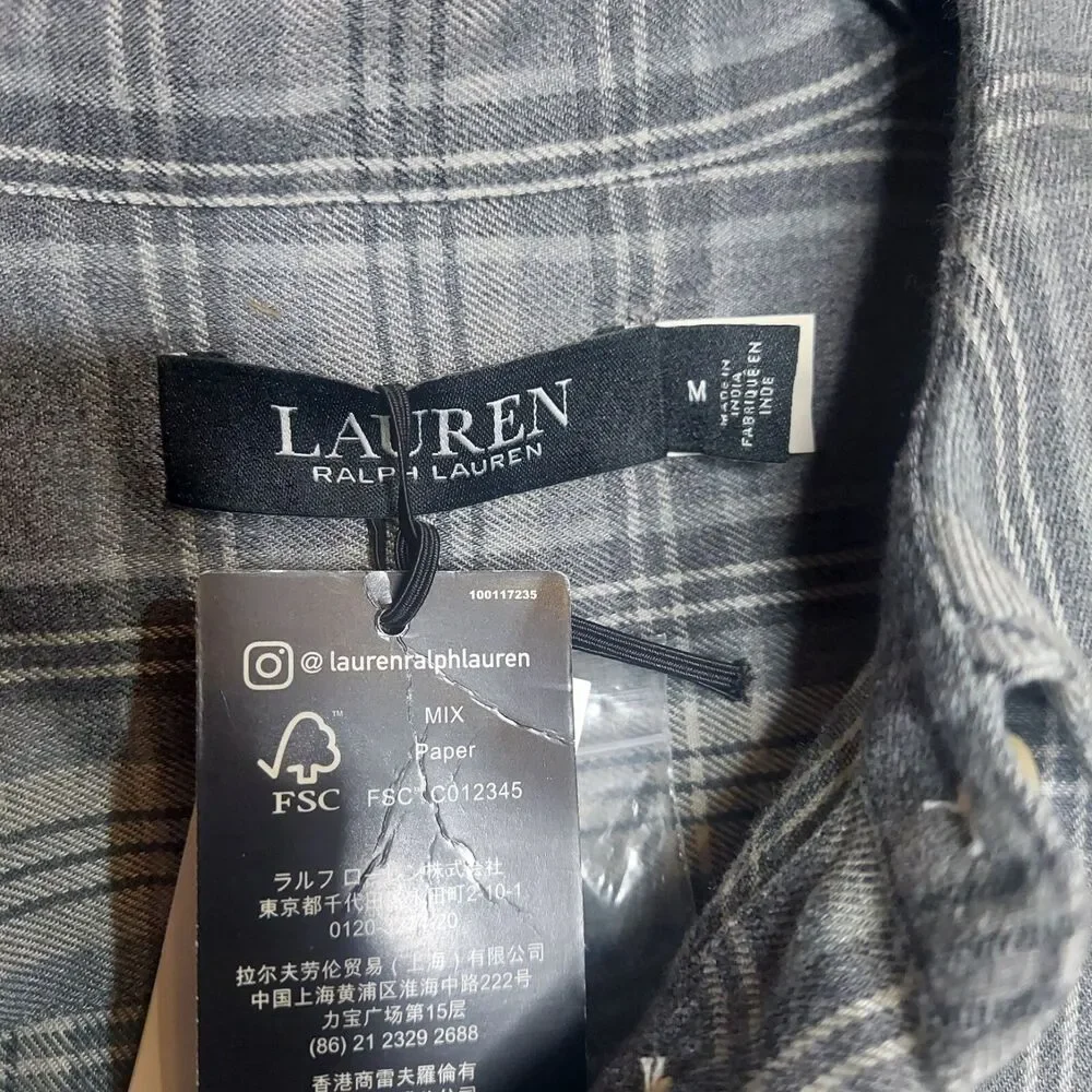 Lauren Ralph Lauren Gray Plaid Twill Button Down Shirt Women's Medium NWT